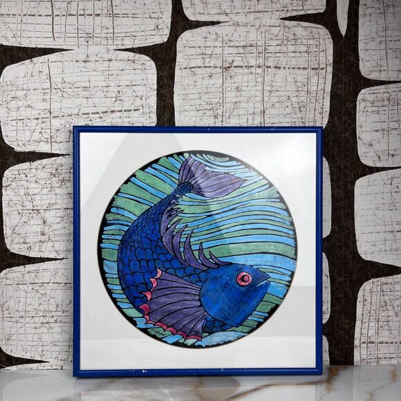 One of A Kind Fish Framed Artwork Signed C. Rousseau 14in Round Mat Square Frame - Picture 1 of 14